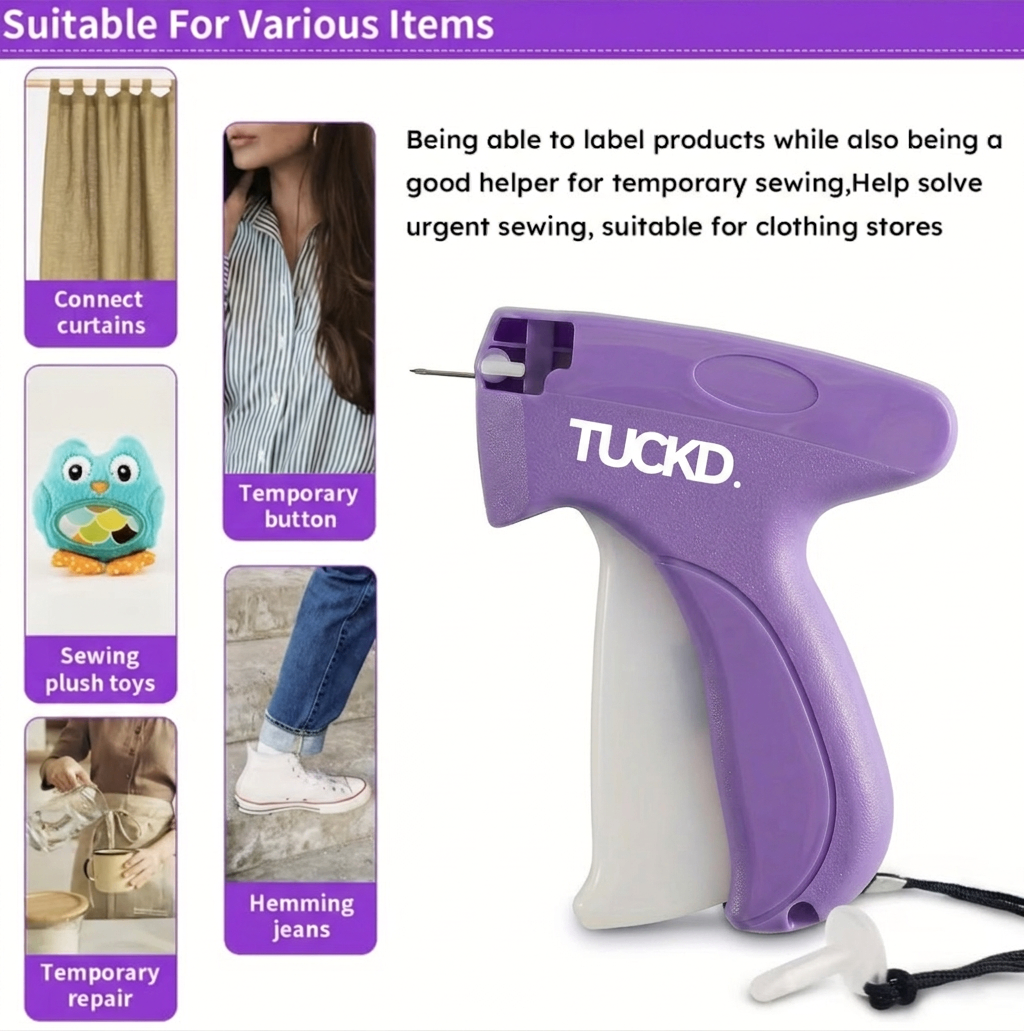 TUCKD micro stitch gun used for curtains, temporary buttons, plush toys, hemming jeans, and temporary repairs